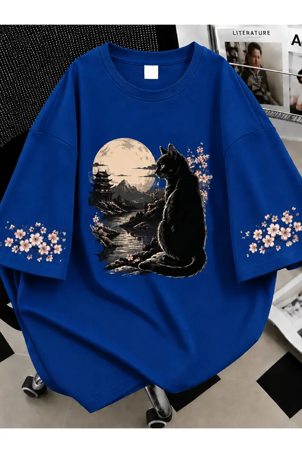 Kadın Black Cat Renkli Özel Baskılı Oversize Sıfır Yaka Penye T-Shirt